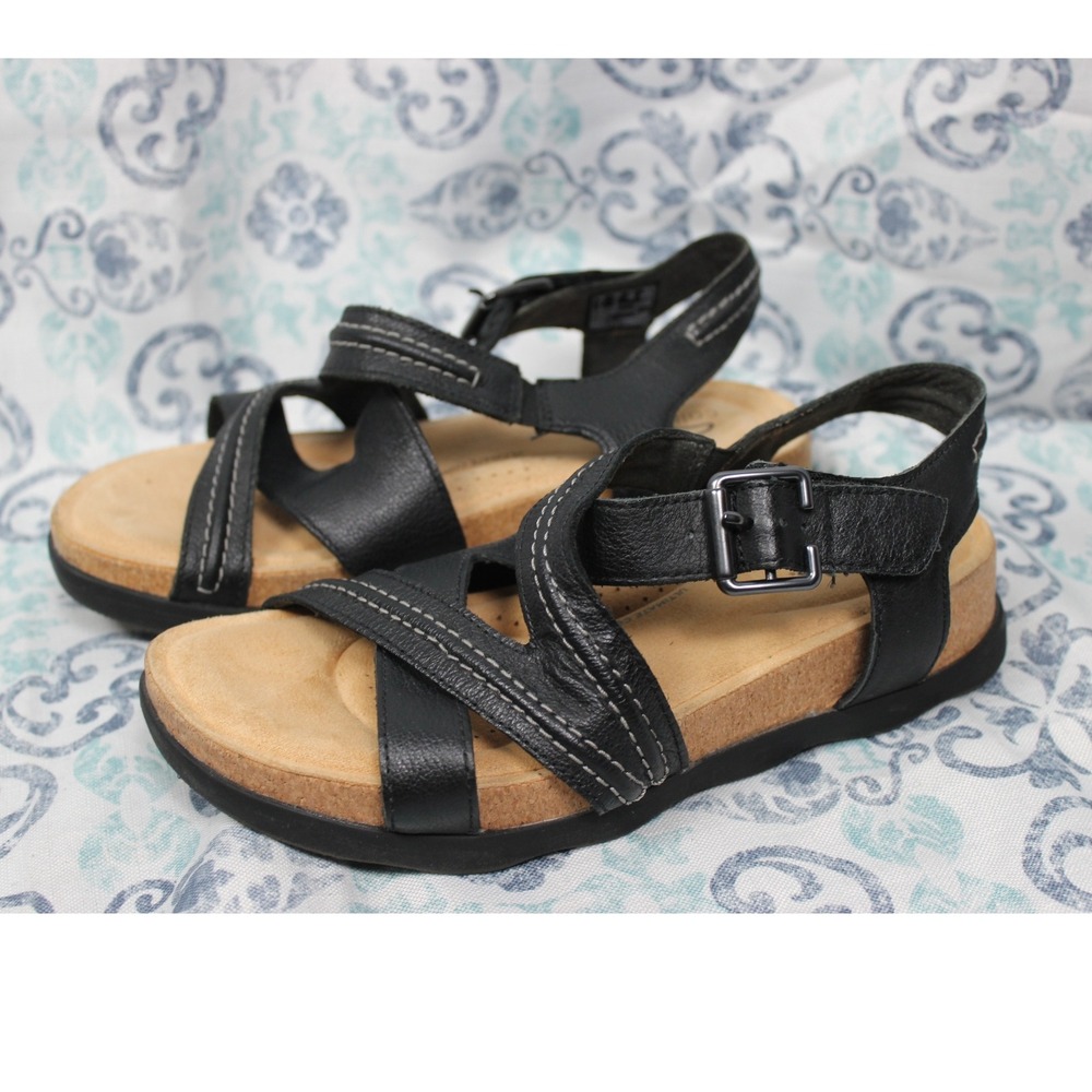 Clarks WMN Brynn Ave Sandals Leather Black Comfort Strappy Wedge Platform SZ 6M